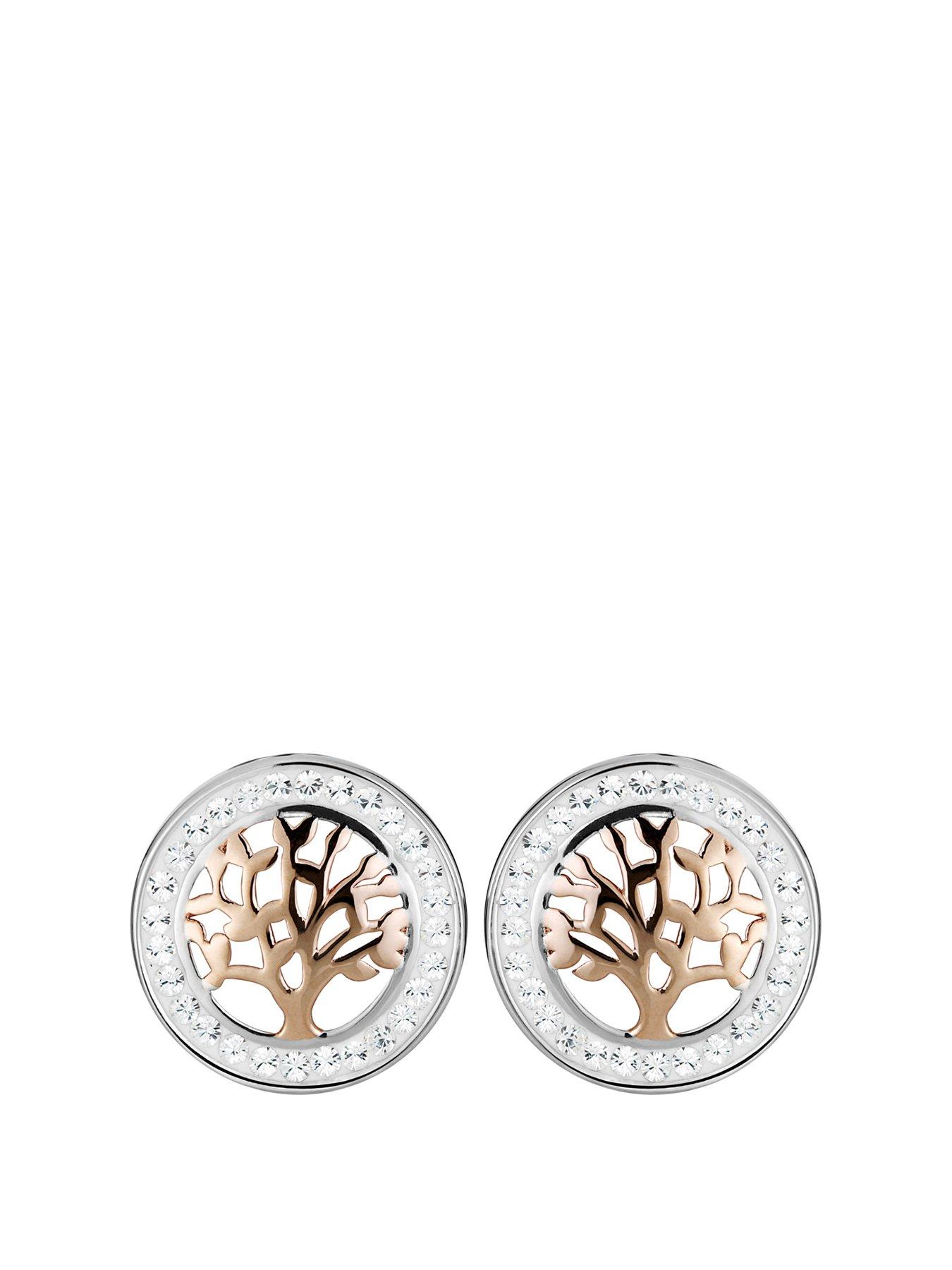  Gold Plated Silver Two Tone Crystal Tree Of Life Stud Earrings