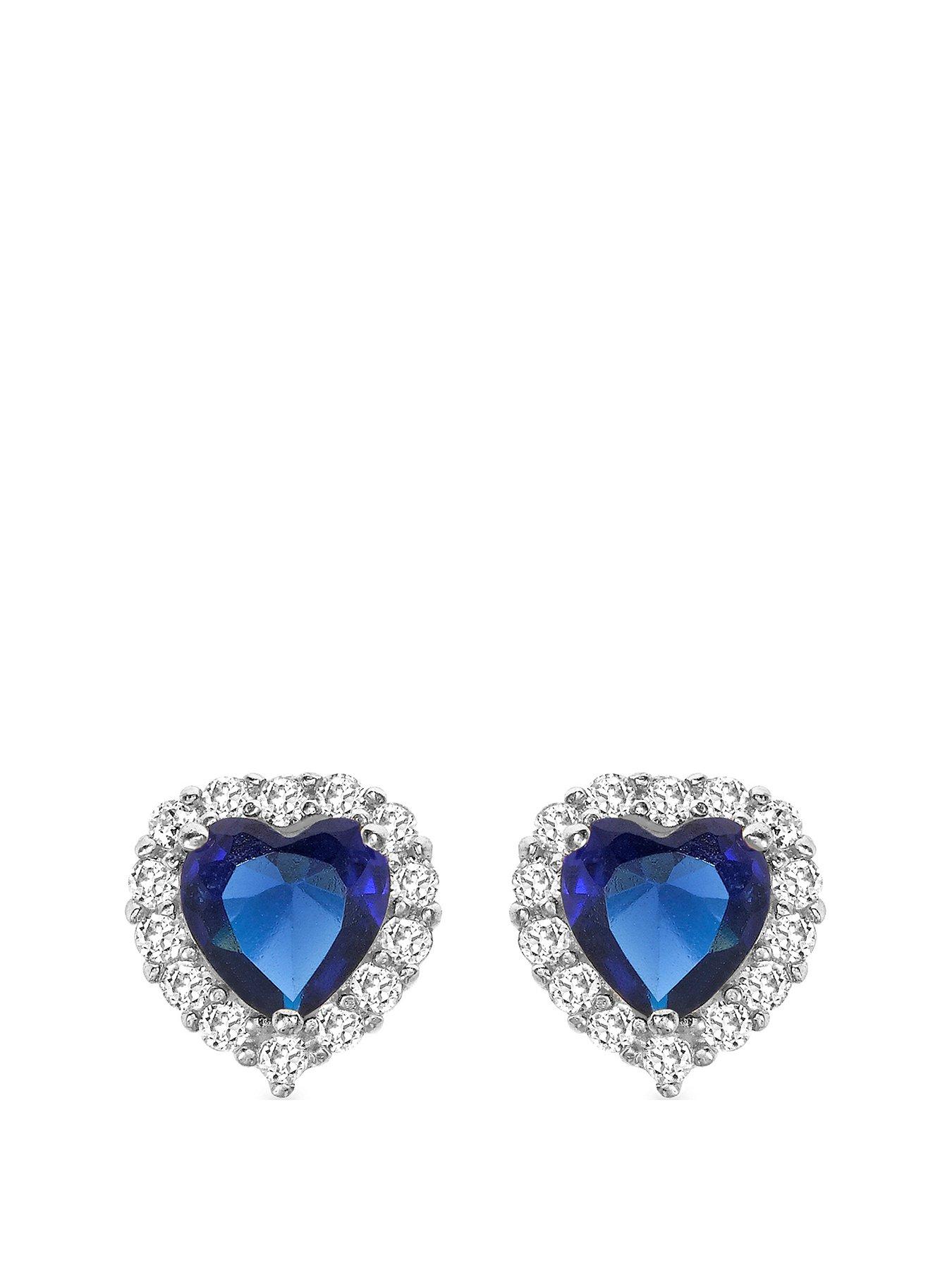 The Love Collection 9ct White Gold Sapphire  &  Cubic Zirconia Halo Heart Stud Earrings