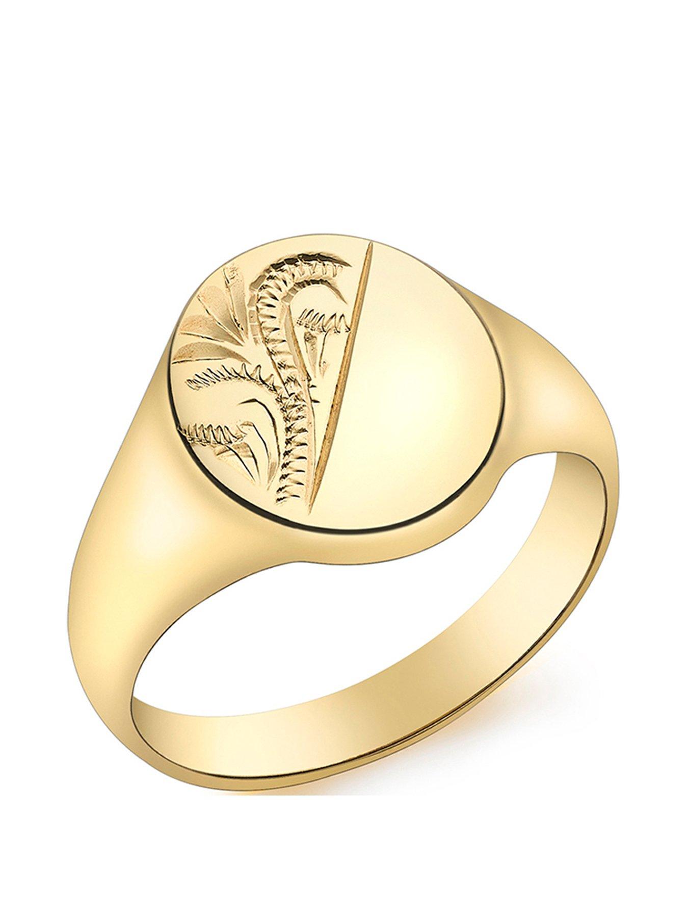 Men 9ct Gold Oval Half Engraved Pattern Signet Ring