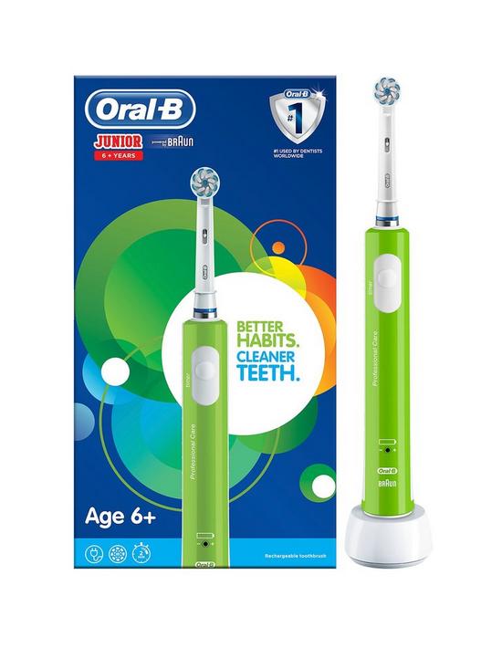 front image of oral-b-junior-electric-rechargeable-toothbrush-for-children-aged-6-in-green-2-pin-plug