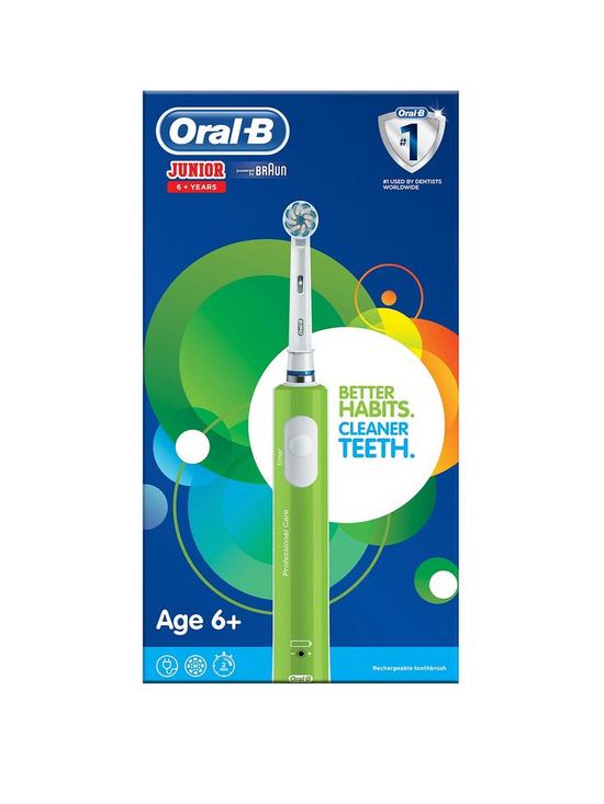 stillFront image of oral-b-junior-electric-rechargeable-toothbrush-for-children-aged-6-in-green-2-pin-plug