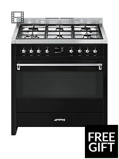 Smeg A1BL-9 90cm Wide Opera Gloss Black Single Cavity Dual Fuel Range Cooker