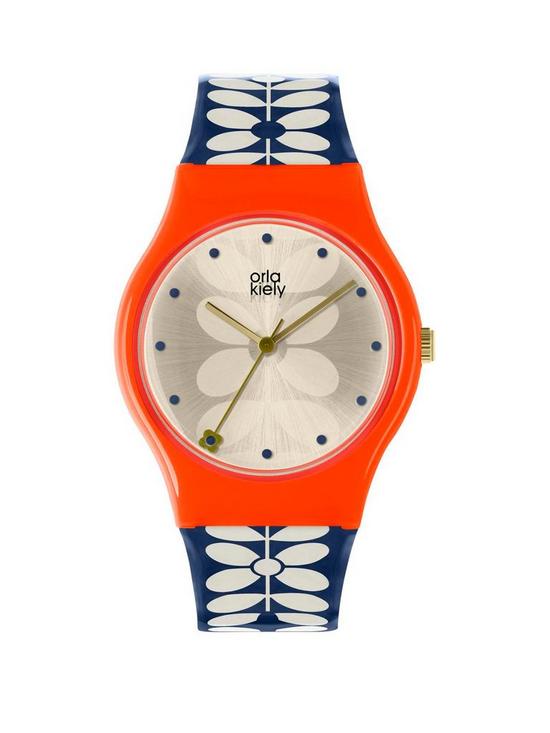 front image of orla-kiely-bobby-champagne-with-pink-dial-blue-and-white-stem-print-silicone-strap-ladies-watch