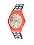  image of orla-kiely-bobby-champagne-with-pink-dial-blue-and-white-stem-print-silicone-strap-ladies-watch