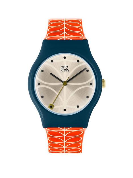 orla-kiely-bobby-champagne-and-blue-dial-pink-stem-print-silicone-strap-ladies-watch