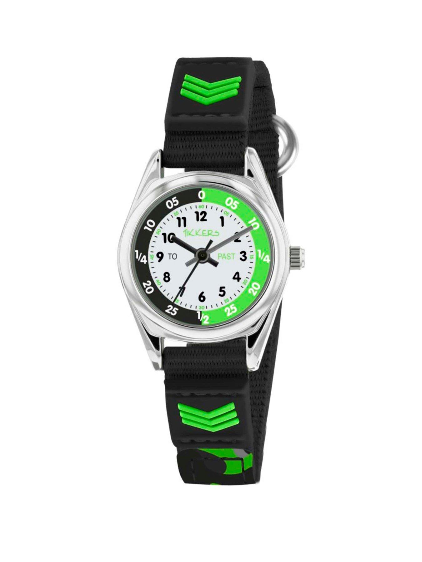 undefined White, Black and Green Time Teller Dial Black Fabric Velco Strap Kids Watch