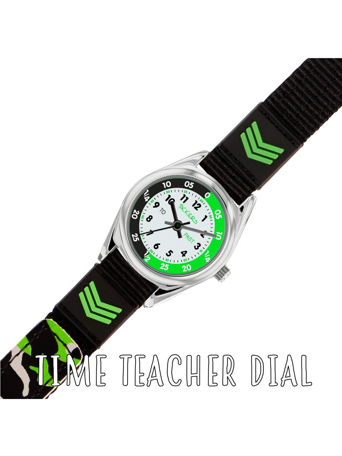 Tikkers White Black and Green Time Teller Dial Black Fabris Velco