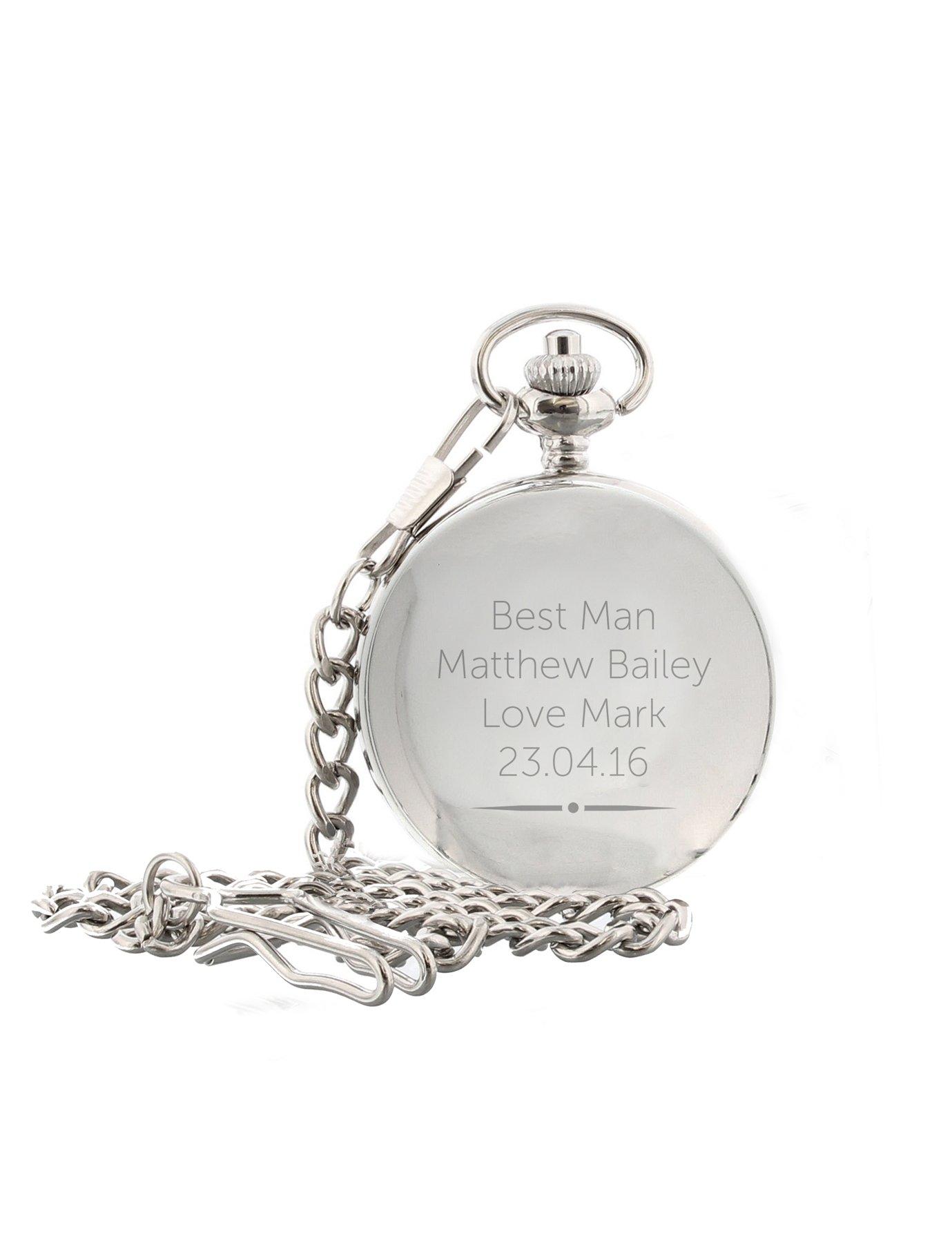 Engraved pocket outlet watch with chain