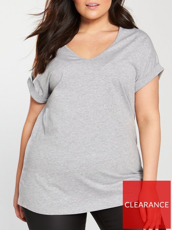 front image of v-by-very-curve-v-neck-turn-back-cuff-t-shirt-grey-marl
