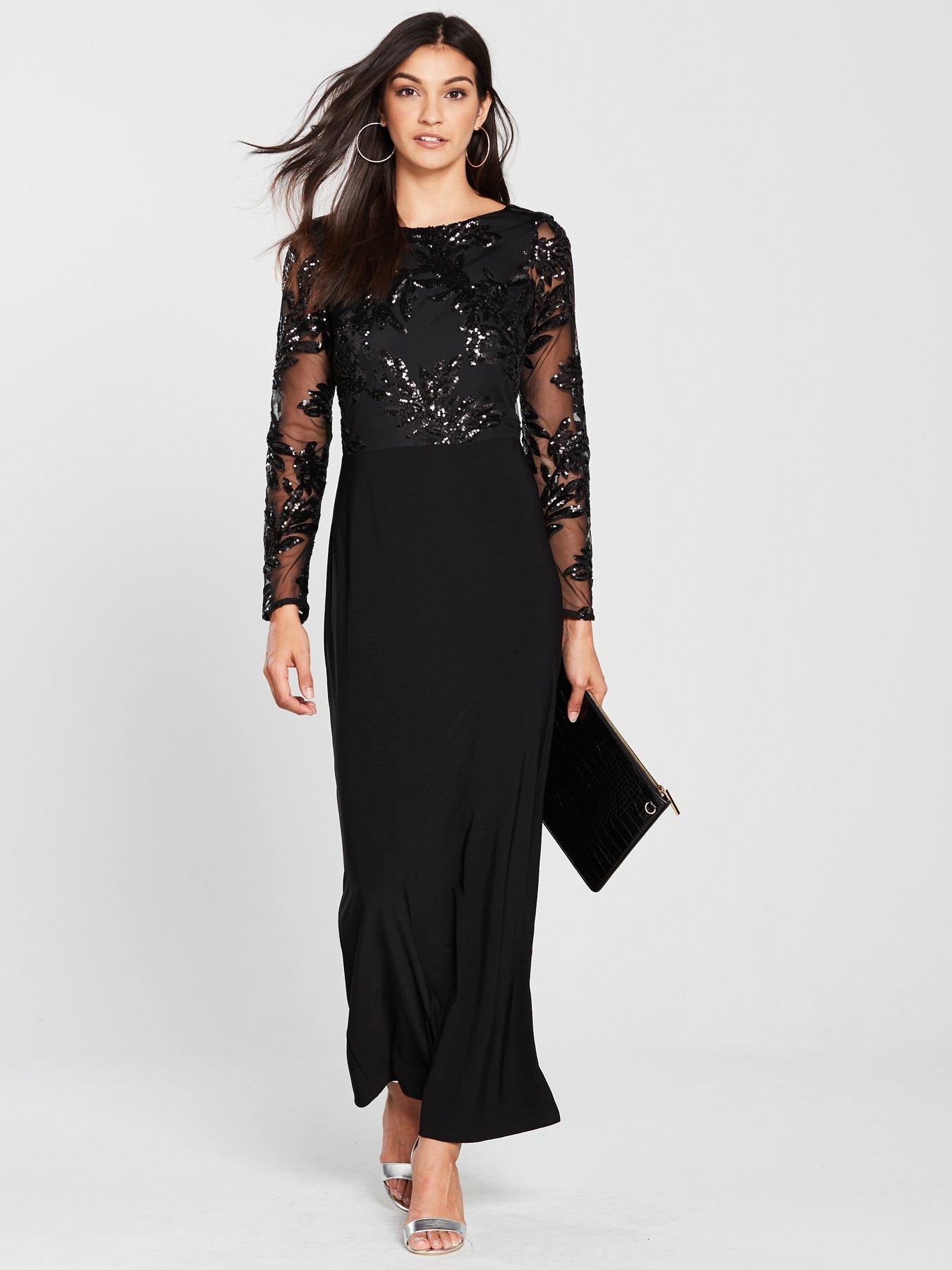 black sleeveless mesh panel sequin maxi dress