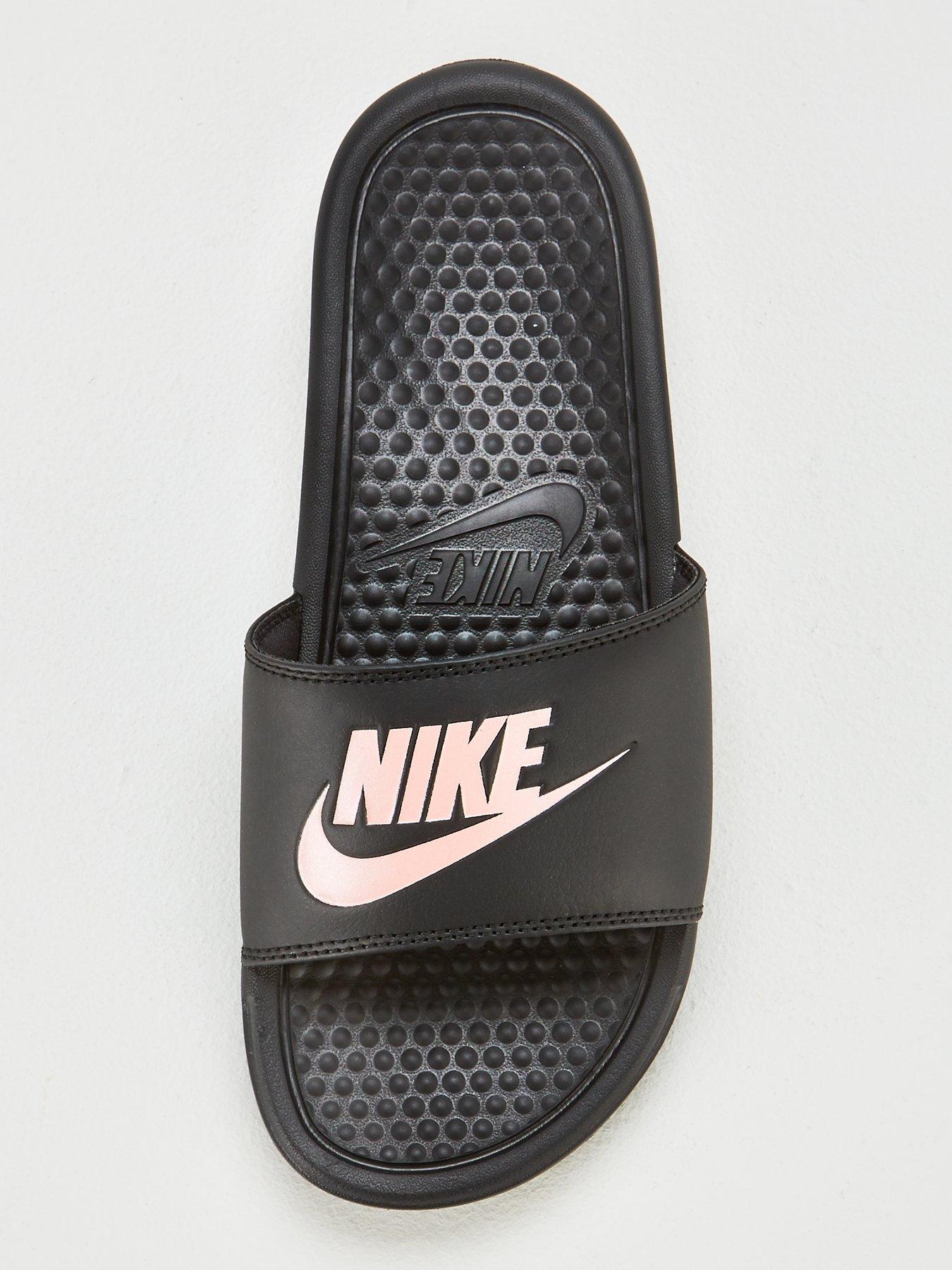 black and rose gold nike slides