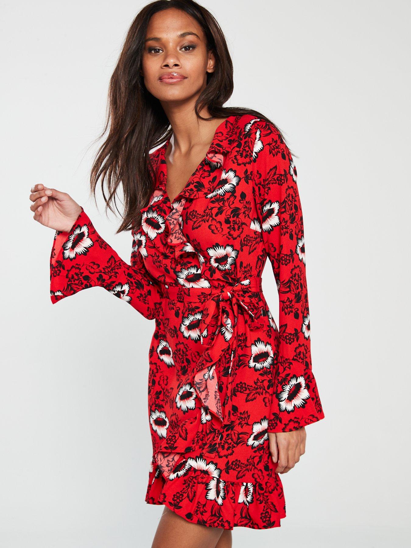 red ruffle wrap dress