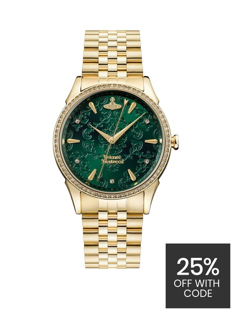 vivienne-westwood-the-wallace-emerald-lace-gold-detail-and-crystal-embellished-dial-gold-stainless-steel-bracelet-ladies-watch
