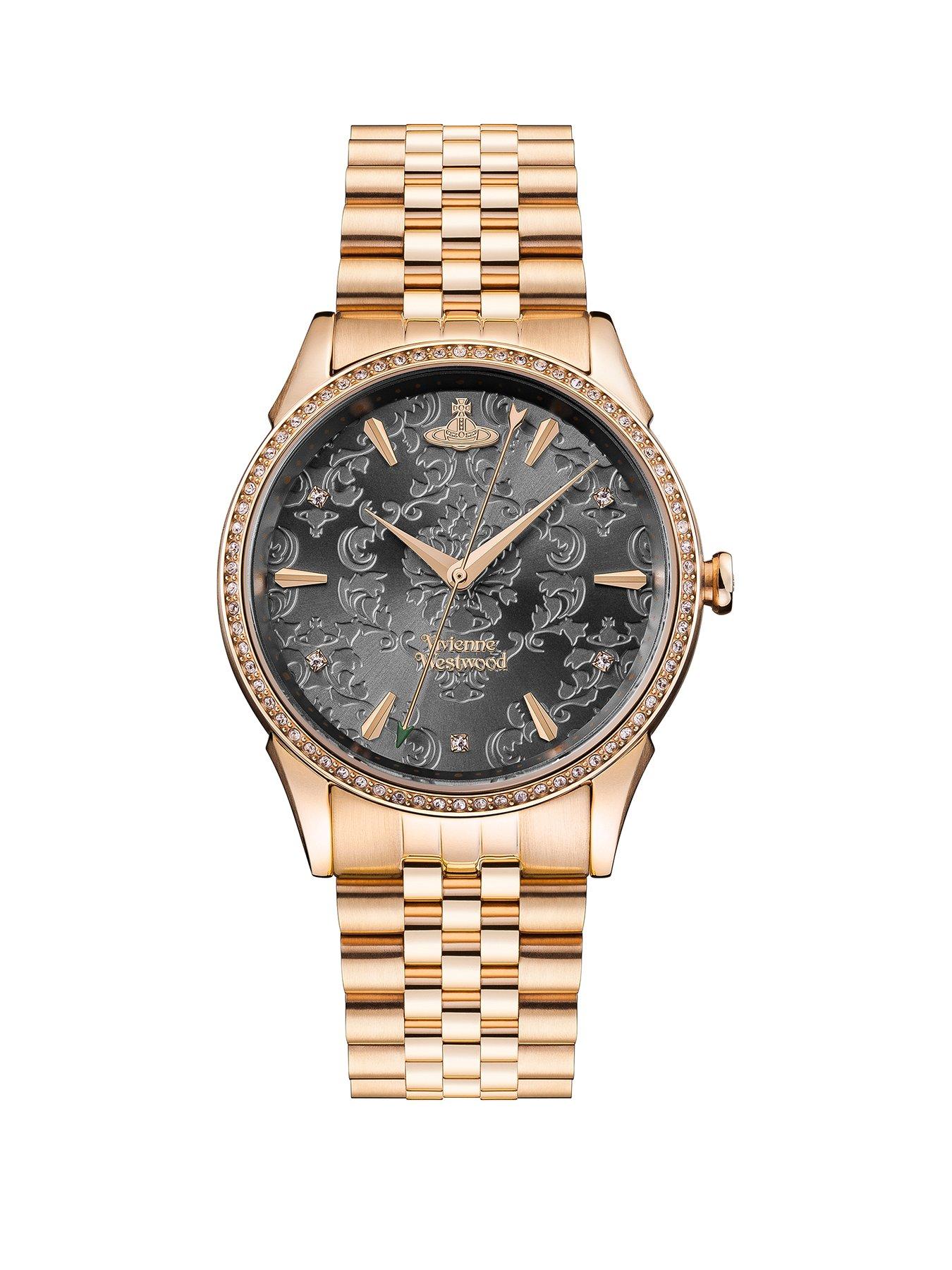 Vivienne Westwood The Wallace Charcoal Grey Lace Rose Gold Detail and Crystal Embellished Dial Rose Gold Stainless Steel Bracelet Ladies Watch