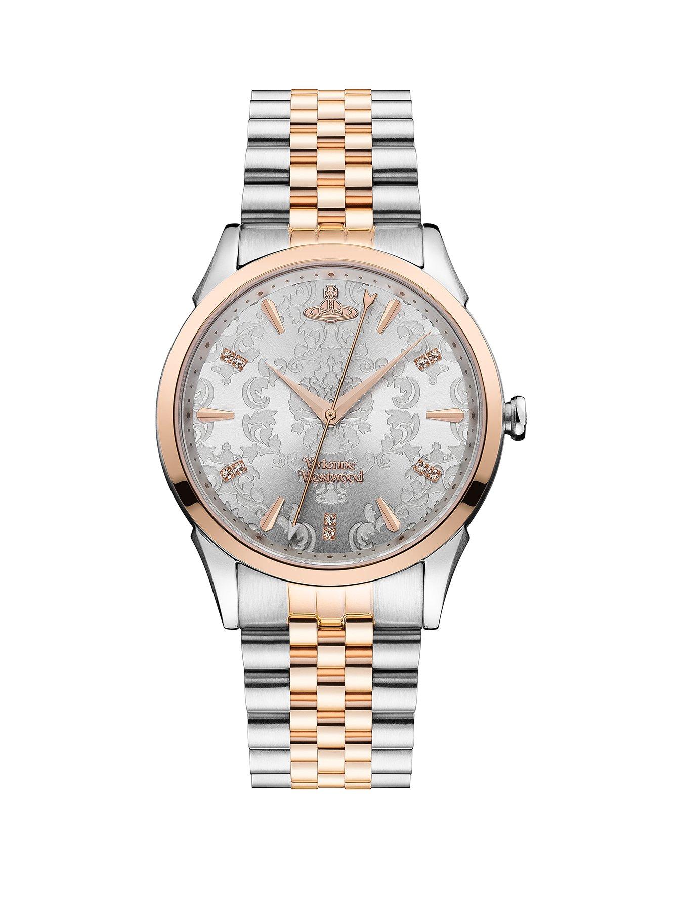 Product photograph of Vivienne Westwood The Wallace Silver Lace Rose Gold Detail And Crystal Embellished Dial Two Tone Stainless Steel Bracelet Ladies Watch from very.co.uk