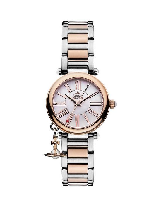front image of vivienne-westwood-mother-orb-mother-of-pearl-and-rose-gold-detail-dial-with-charm-two-tone-stainless-steel-bracelet-ladies-watch