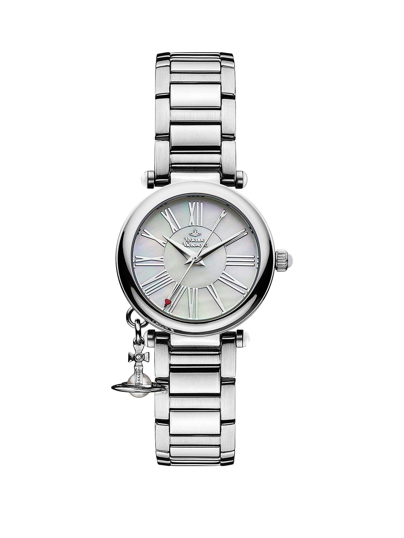 Product photograph of Vivienne Westwood Mother Orb Mother Of Pearl And Silver Detail Dial With Charm Stainless Steel Bracelet Ladies Watch from very.co.uk