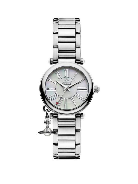 front image of vivienne-westwood-mother-orb-mother-of-pearl-and-silver-detail-dial-with-charm-stainless-steel-bracelet-ladies-watch