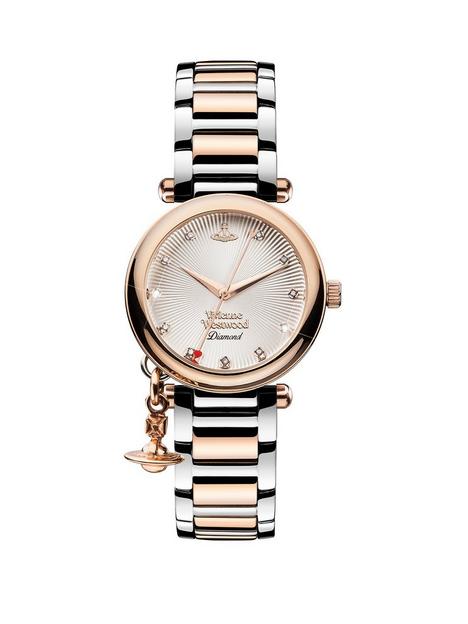 vivienne-westwood-orb-diamond-rose-gold-textured-and-diamond-set-dial-with-charm-two-tone-stainless-steel-bracelet-ladies-watch