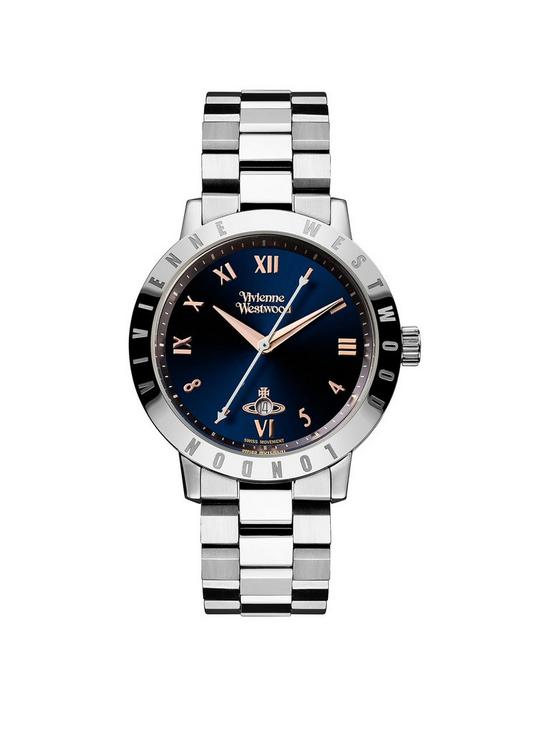 front image of vivienne-westwood-bloomsbury-blue-and-rose-gold-detail-date-dial-stainless-steel-bracelet-ladies-watch