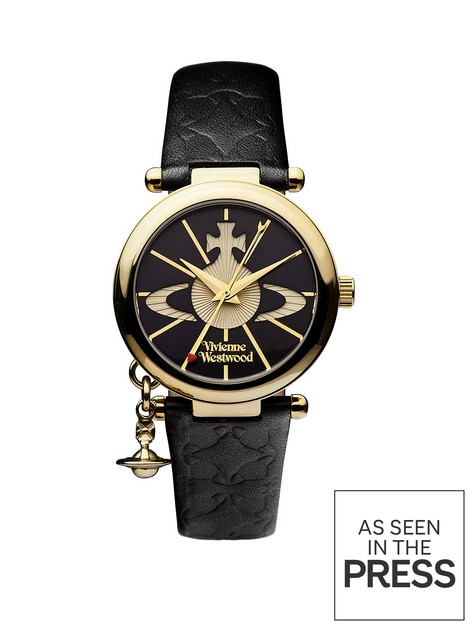 vivienne-westwood-orb-ii-black-and-gold-logo-dial-gold-plated-case-and-charm-black-leather-strap-ladies-watch