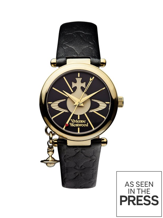 front image of vivienne-westwood-orb-ii-black-and-gold-logo-dial-gold-plated-case-and-charm-black-leather-strap-ladies-watch