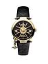  image of vivienne-westwood-orb-ii-black-and-gold-logo-dial-gold-plated-case-and-charm-black-leather-strap-ladies-watch