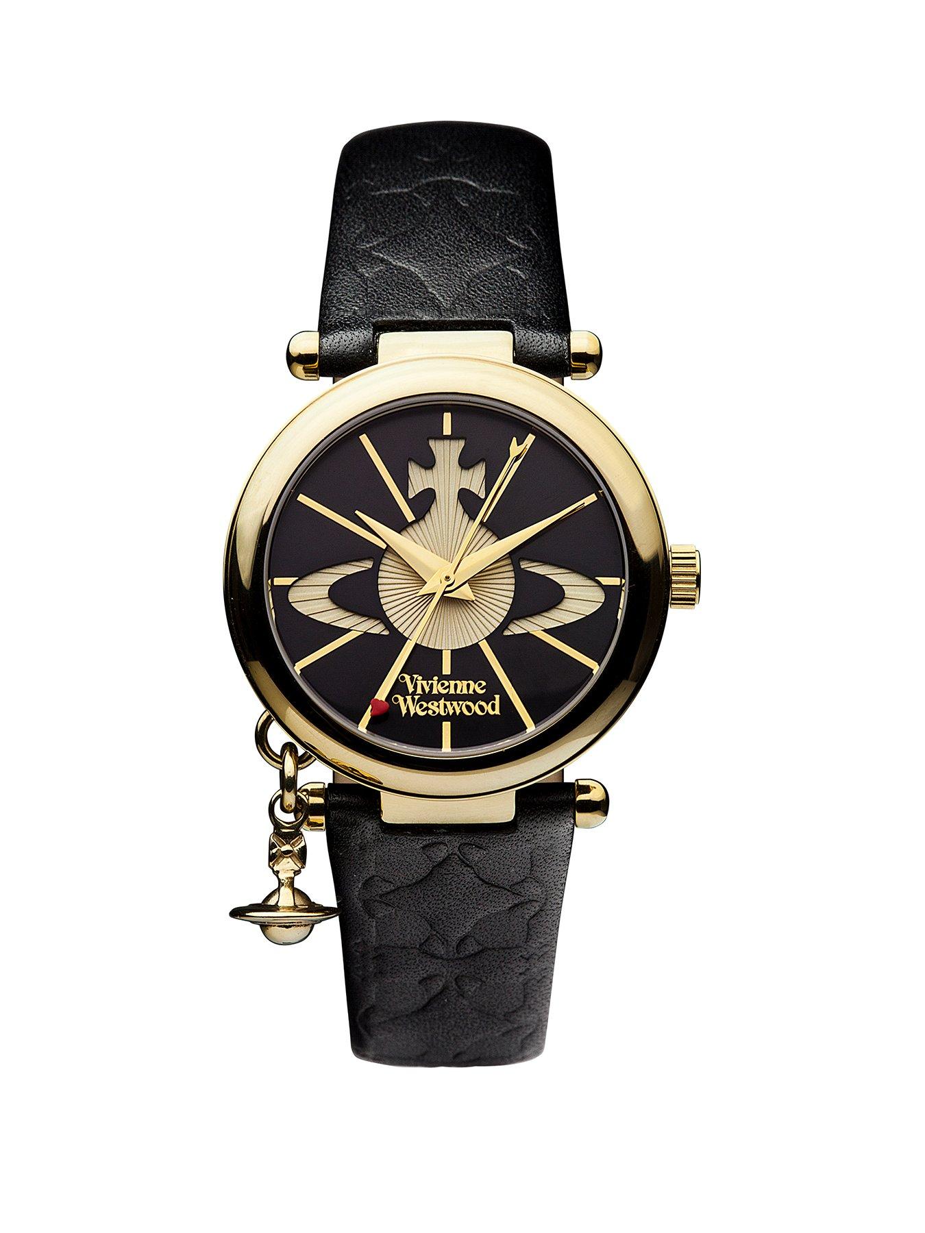undefined Orb II Black and Gold Logo Dial Gold Plated Case and Charm Black Leather Strap Ladies Watch