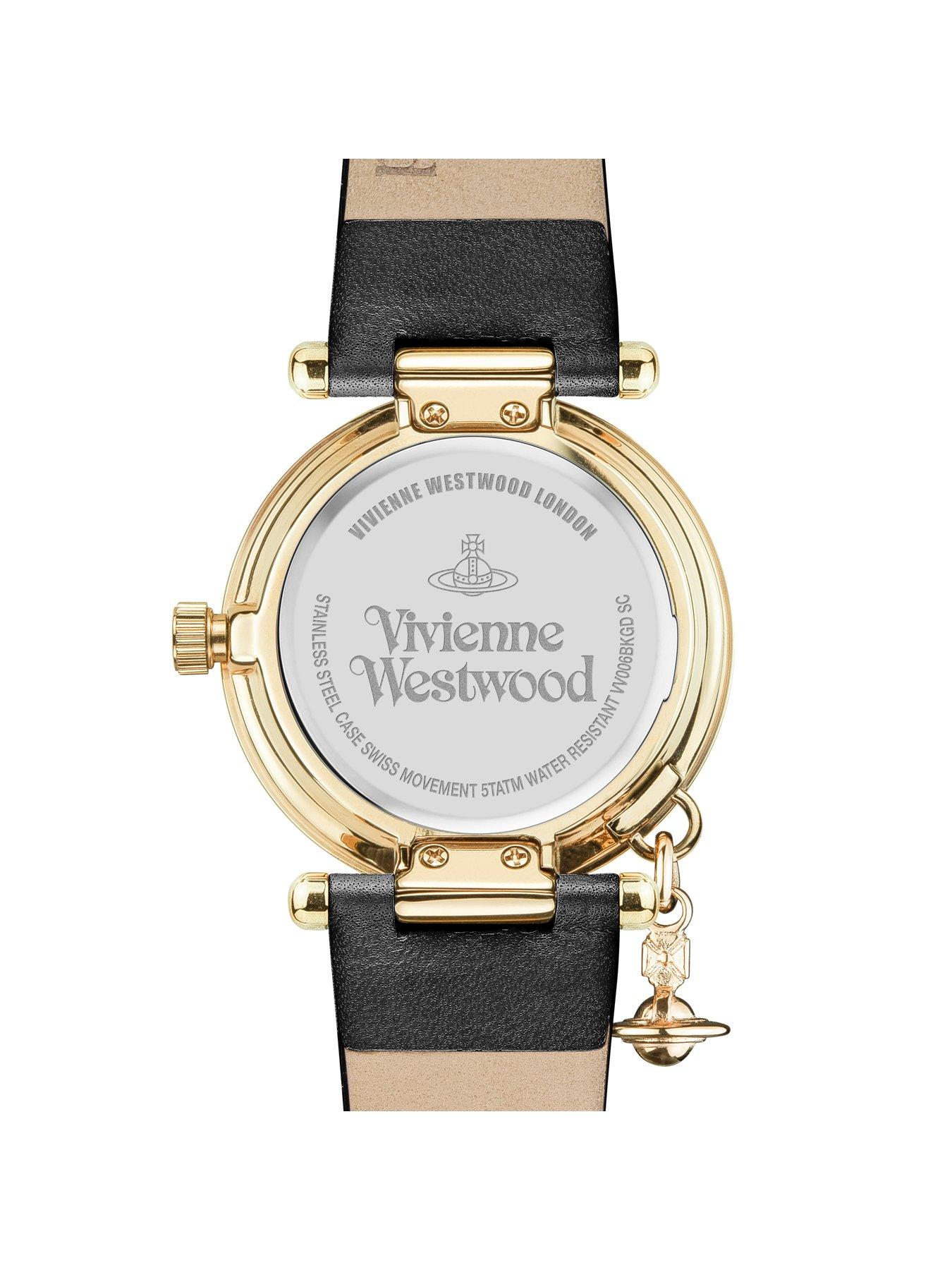 Vivienne Westwood Vivienne Westwood Orb Ii Black And Gold Logo Dial Gold Plated Case And Charm Black Leather Strap Ladies Watch Very Co Uk