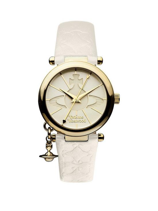 front image of vivienne-westwood-orb-ii-white-and-gold-logo-dial-gold-plated-case-and-charm-white-leather-strap-ladies-watch