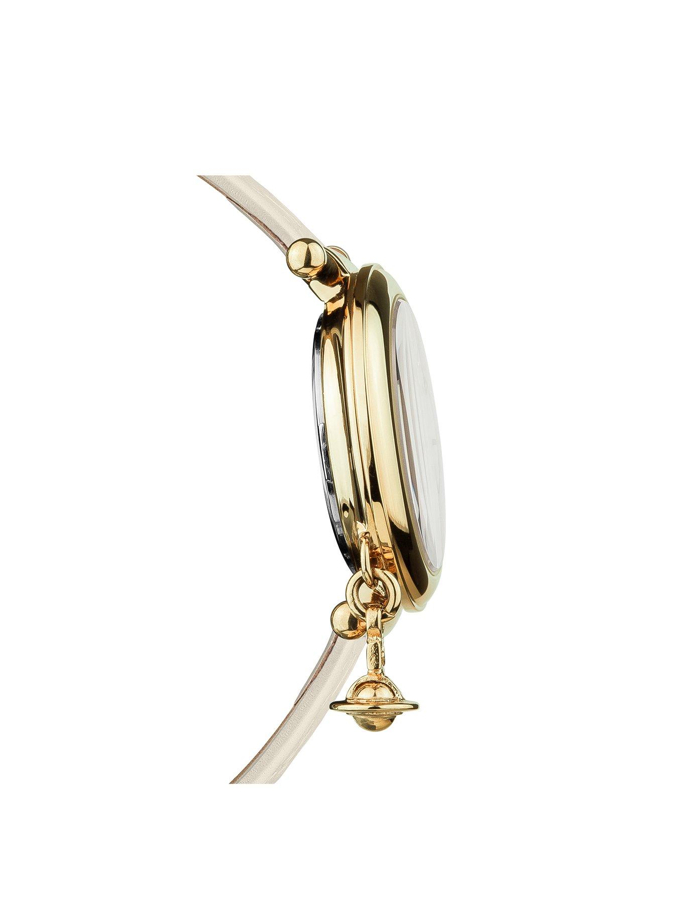 Image 2 of 3 of Vivienne Westwood Orb II White and Gold Logo Dial Gold Plated Case and Charm White Leather Strap Ladies Watch