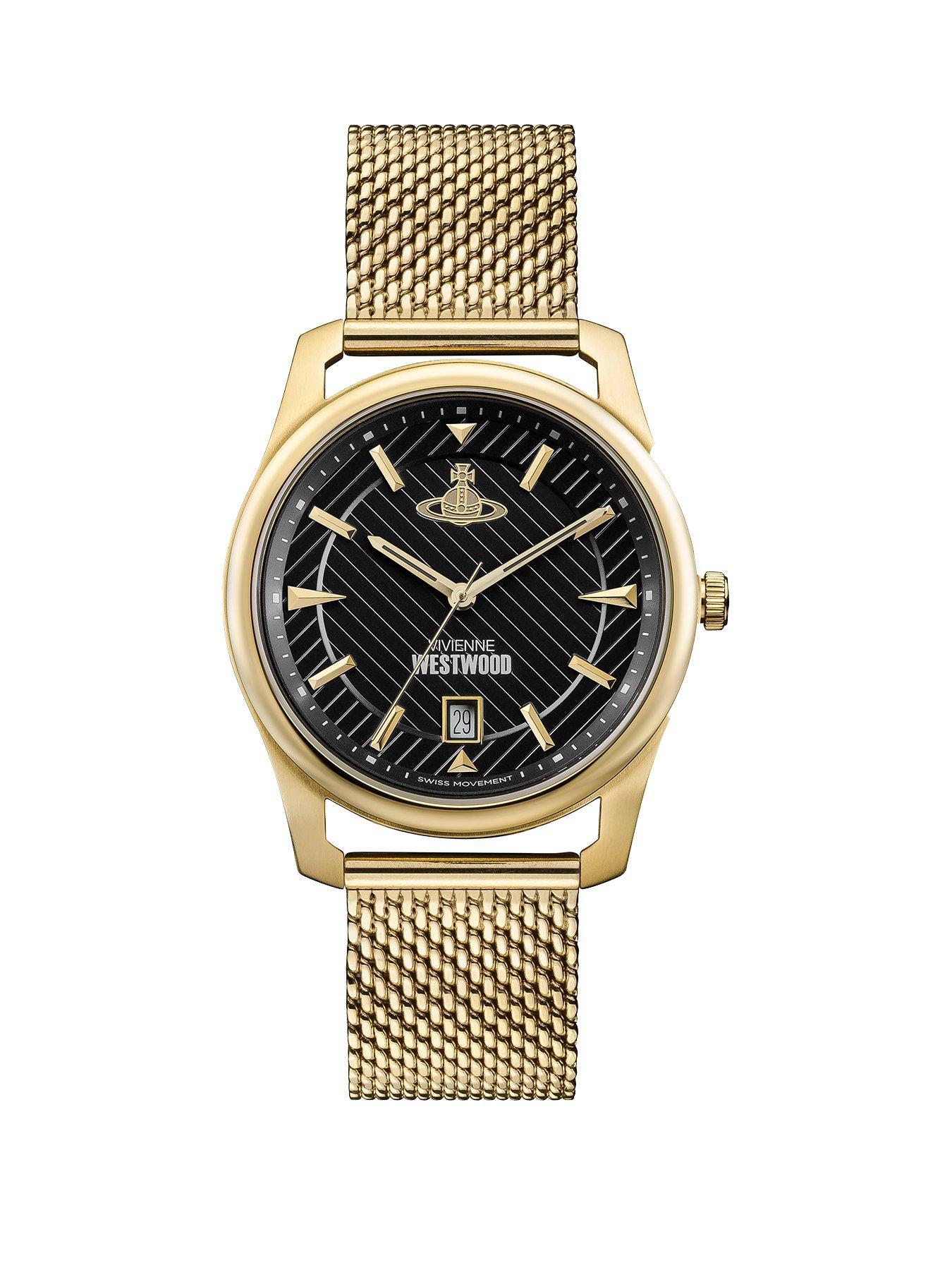 undefined Holborn Black Pinstripe Design Gold Detail Date Dial Gold Stainless Steel Mesh Strap Mens Watch