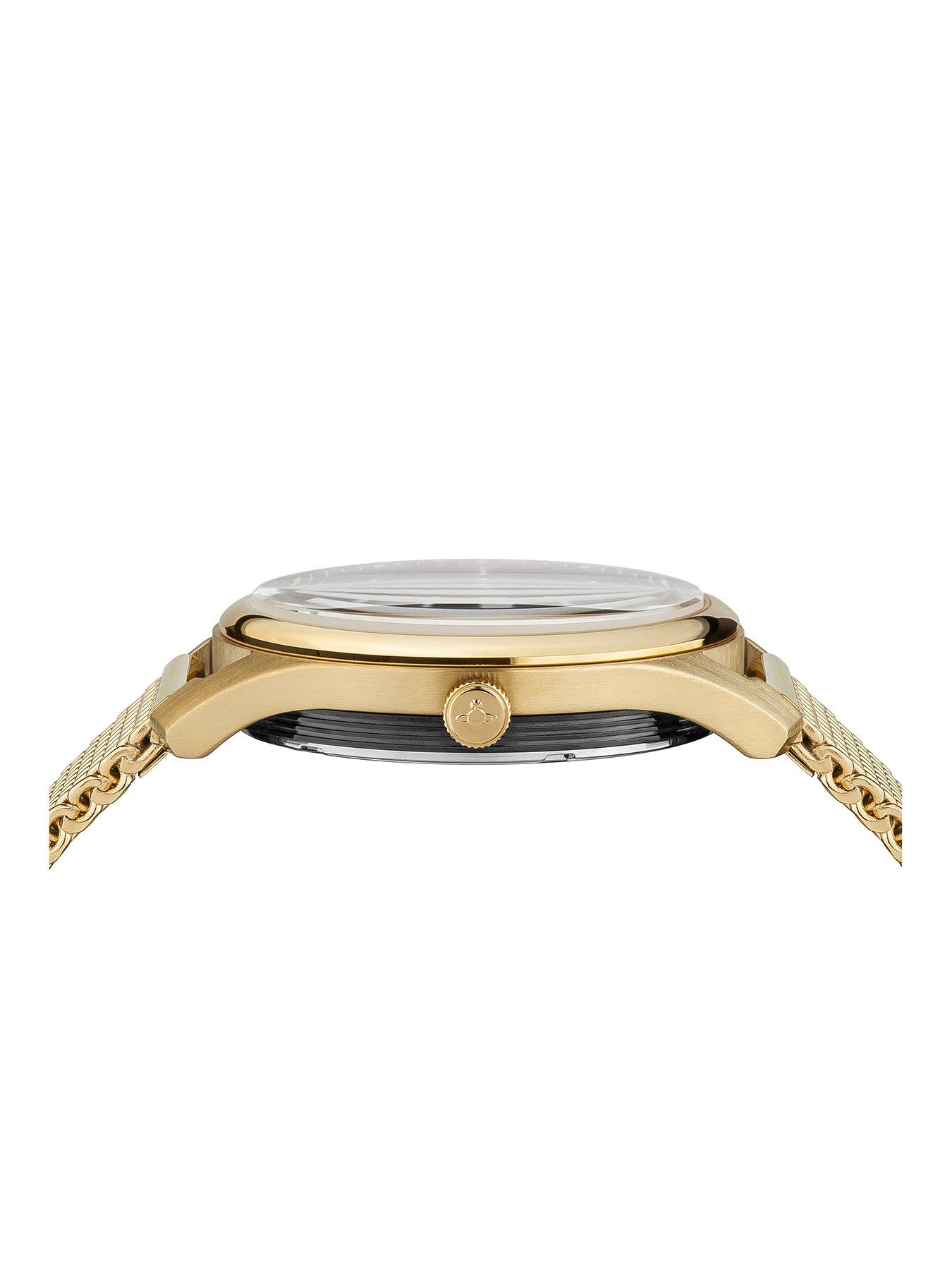 Image 2 of 6 of Vivienne Westwood Holborn Black Pinstripe Design Gold Detail Date Dial Gold Stainless Steel Mesh Strap Mens Watch