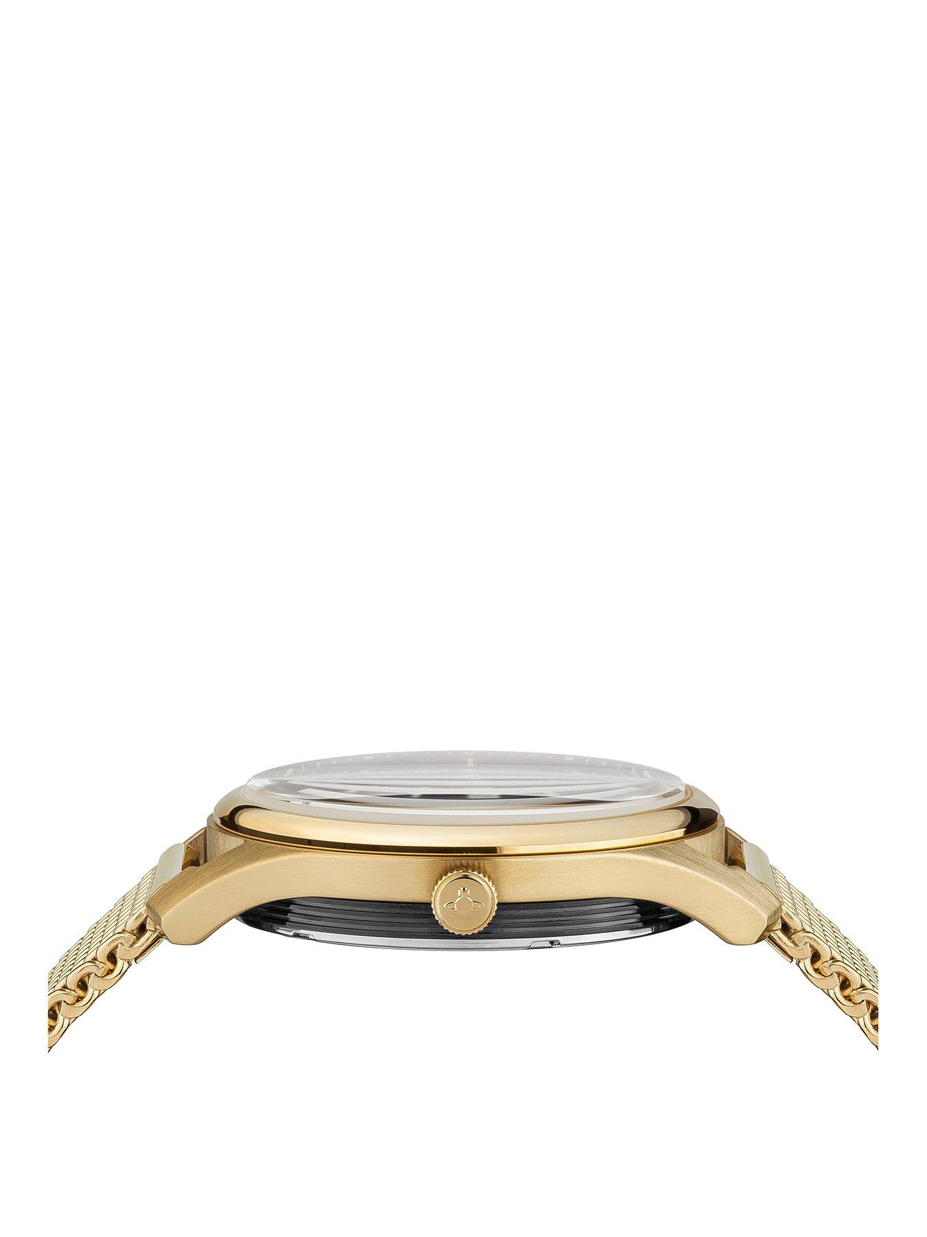 Image 2 of 5 of Vivienne Westwood Holborn Black Pinstripe Design Gold Detail Date Dial Gold Stainless Steel Mesh Strap Mens Watch