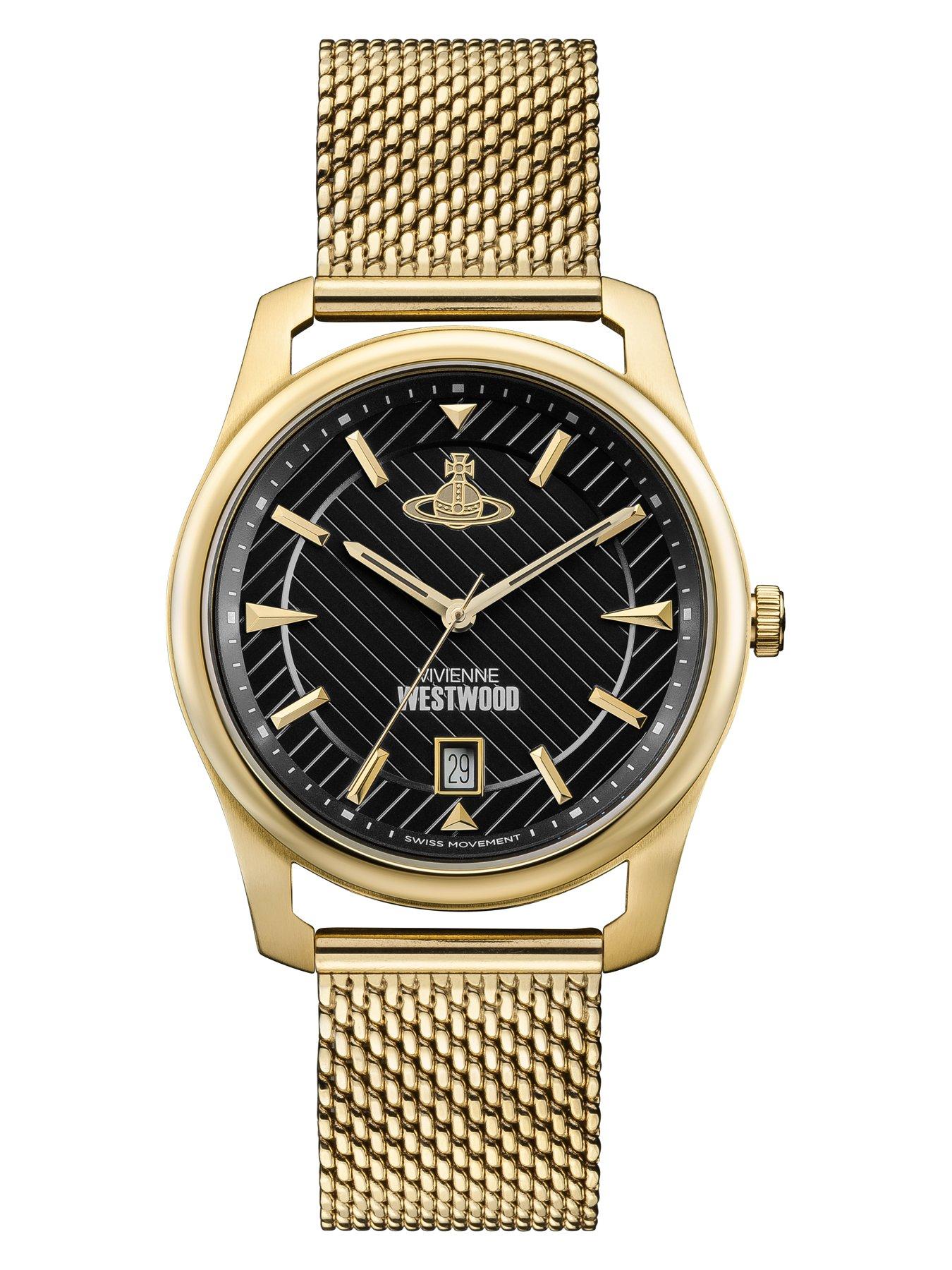 Image 3 of 6 of Vivienne Westwood Holborn Black Pinstripe Design Gold Detail Date Dial Gold Stainless Steel Mesh Strap Mens Watch