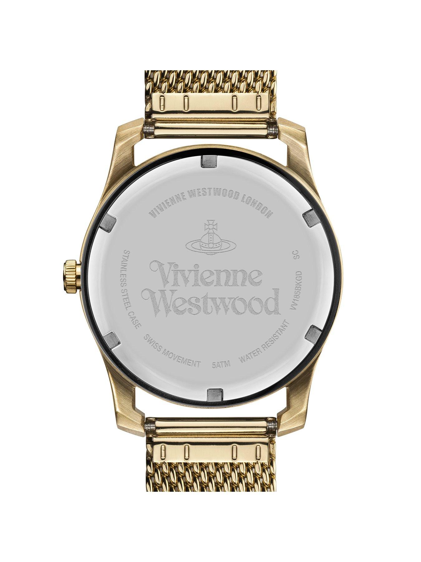 Image 4 of 6 of Vivienne Westwood Holborn Black Pinstripe Design Gold Detail Date Dial Gold Stainless Steel Mesh Strap Mens Watch