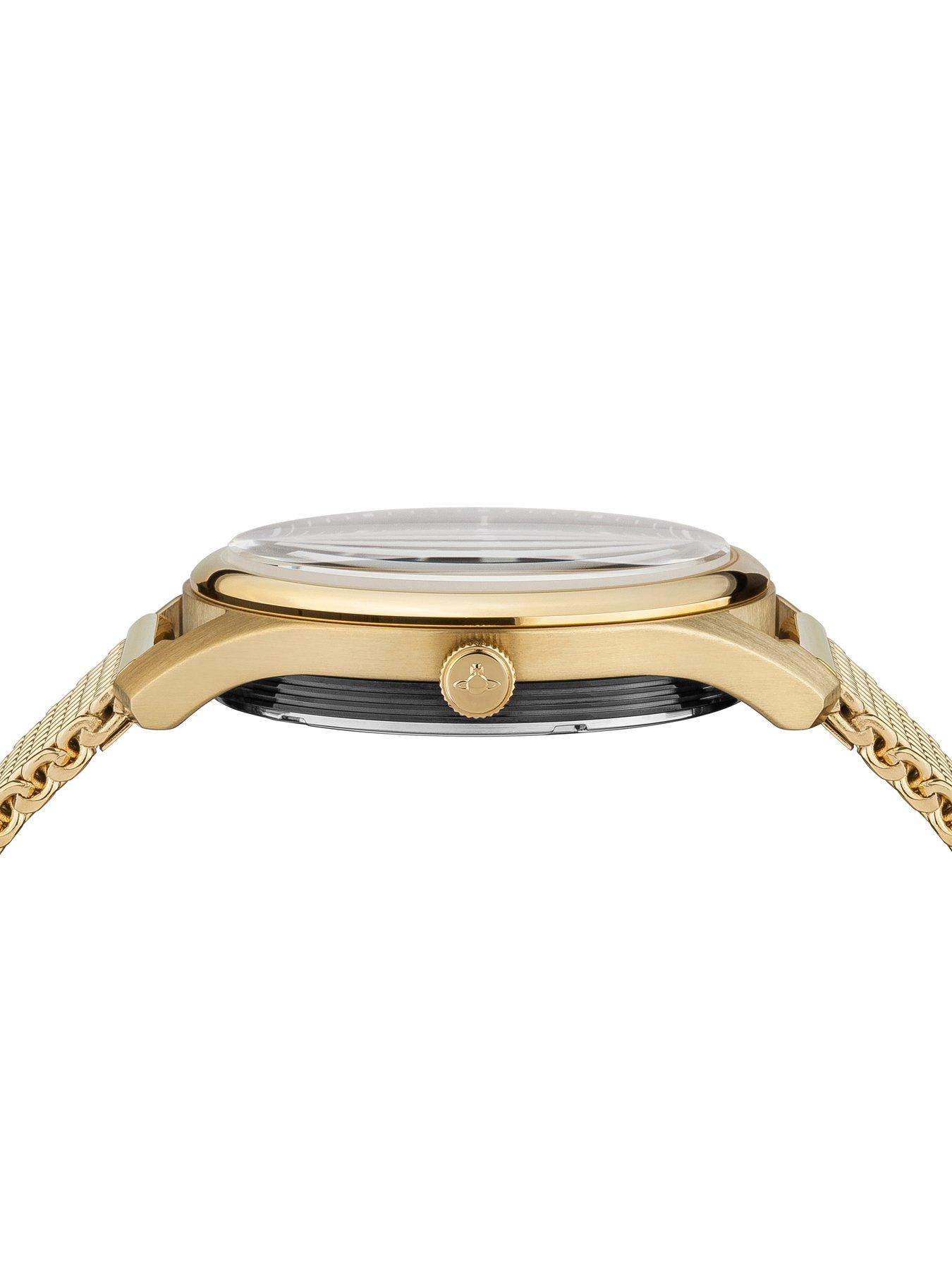 Image 5 of 6 of Vivienne Westwood Holborn Black Pinstripe Design Gold Detail Date Dial Gold Stainless Steel Mesh Strap Mens Watch