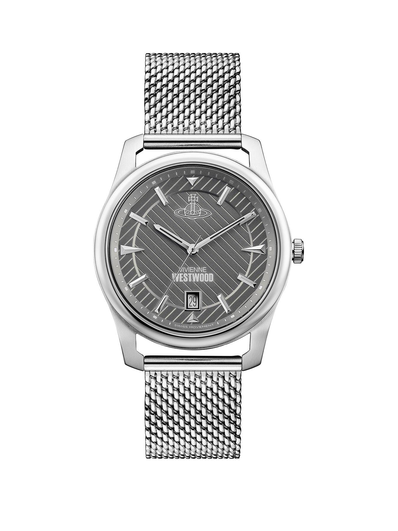 Vivienne Westwood Vivienne Westwood Holborn Grey Pinstripe Design Silver Detail Date Dial Stainless Steel Mesh Strap Mens Watch review