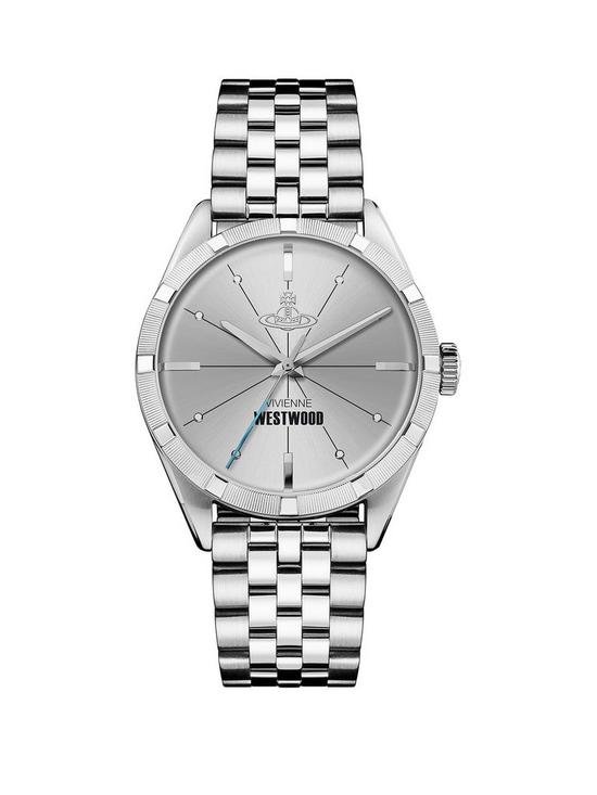 front image of vivienne-westwood-conduit-silver-logo-dial-stainless-steel-bracelet-mens-watch