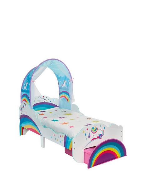 worlds-apart-unicorn-and-rainbow-toddler-bed-with-canopy-and-storage