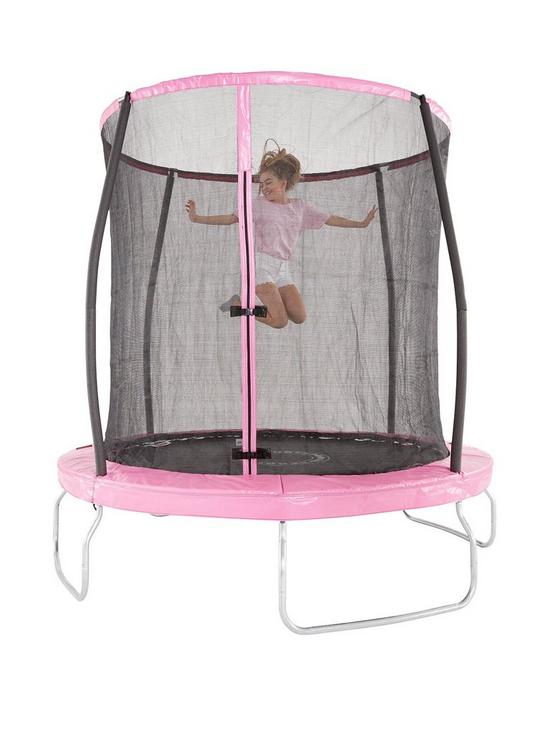 front image of sportspower-8ft-pink-trampoline-with-easi-store-folding-enclosure