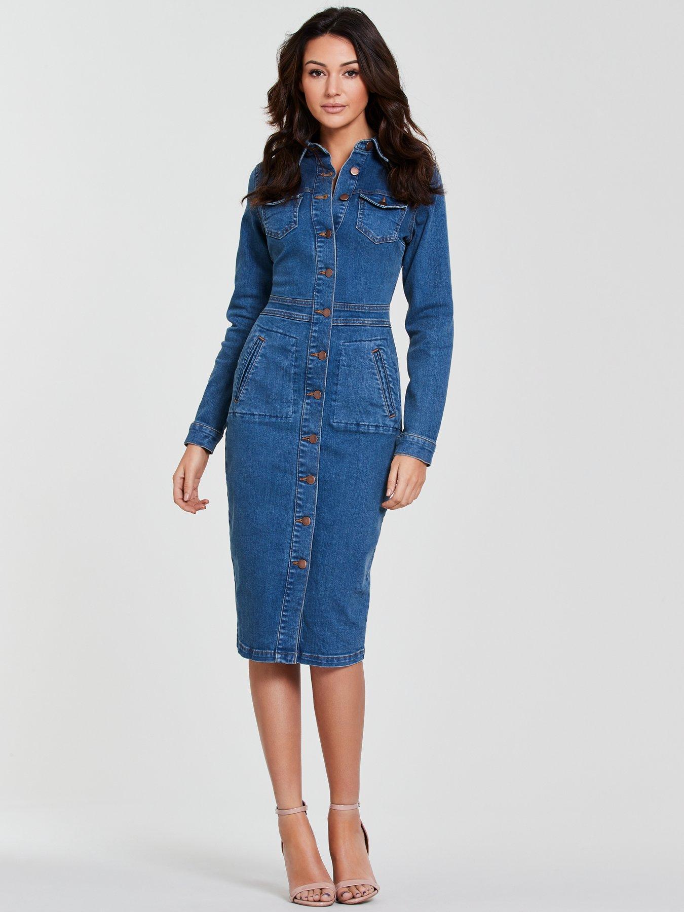 button through denim dress