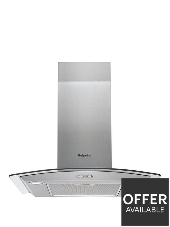 front image of hotpoint-phgc64flmx-60cm-curved-glass-cooker-hood-stainless-steel