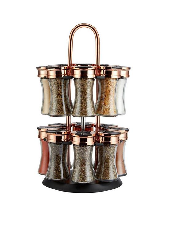front image of tower-rose-gold-and-black-rotating-spice-rack-and-16-jars-with-spices