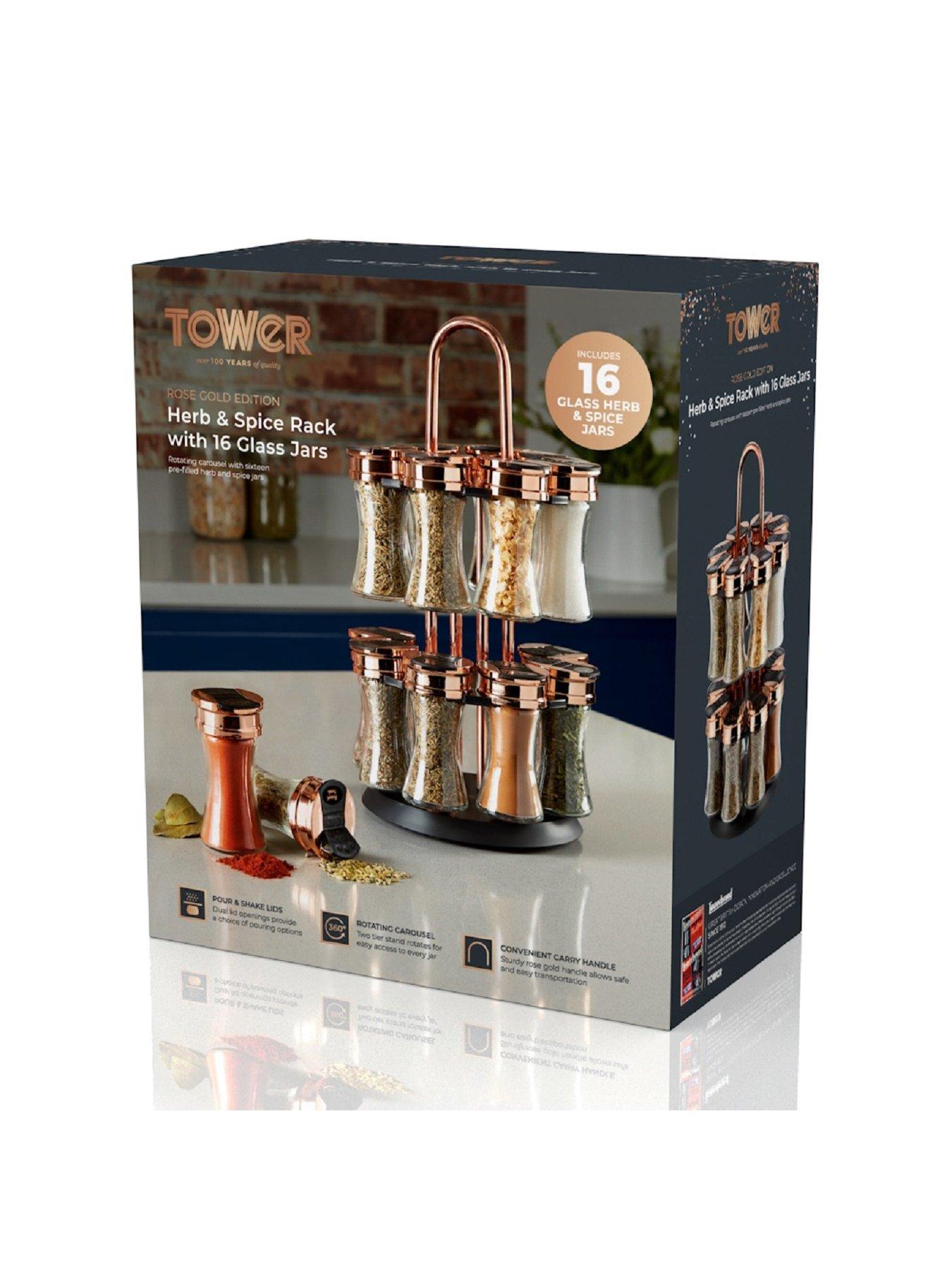 Tower Rose Gold and Black Rotating Spice Rack and 16 Jars with Spices Very