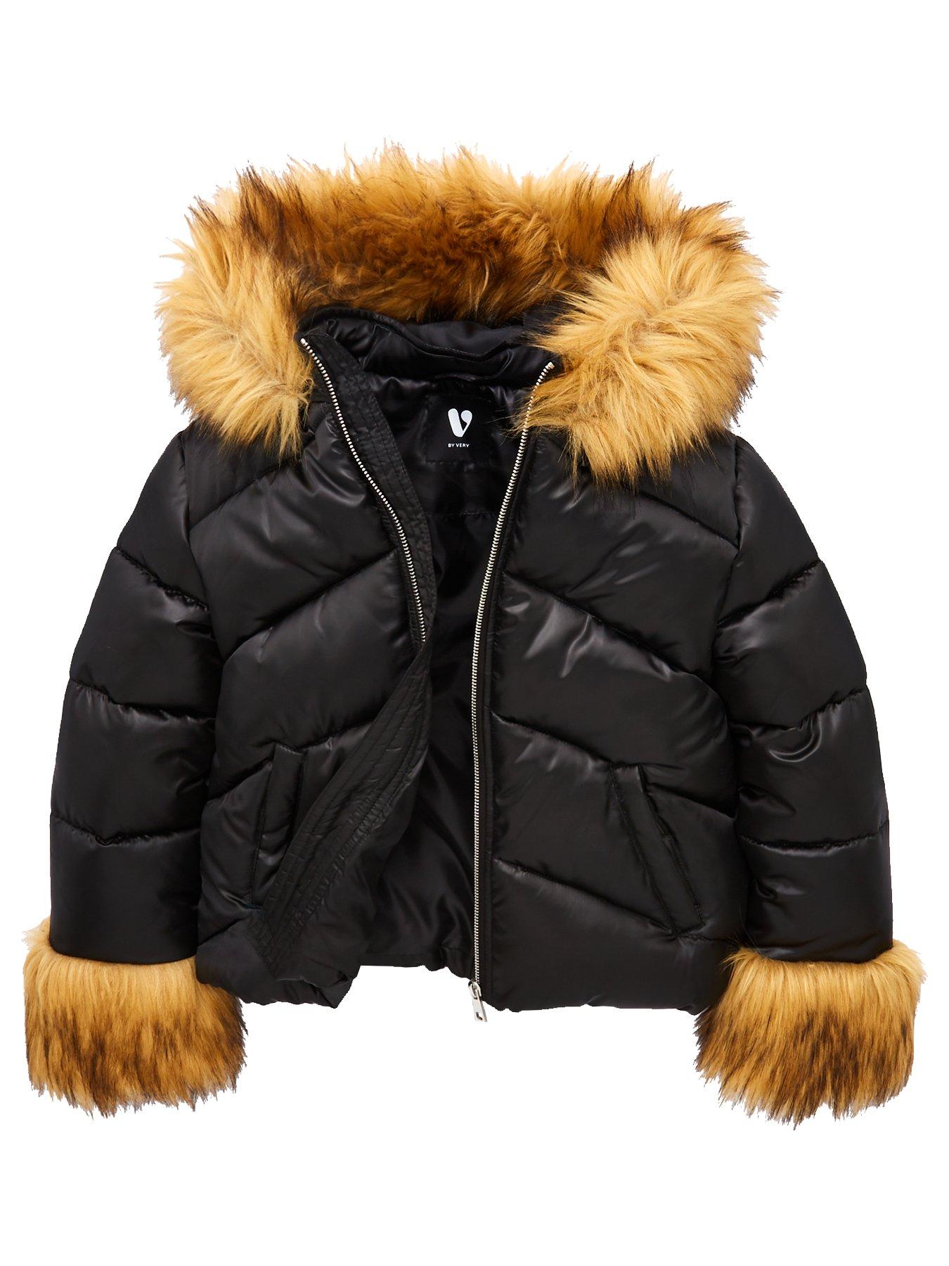 girls black fur hood coat