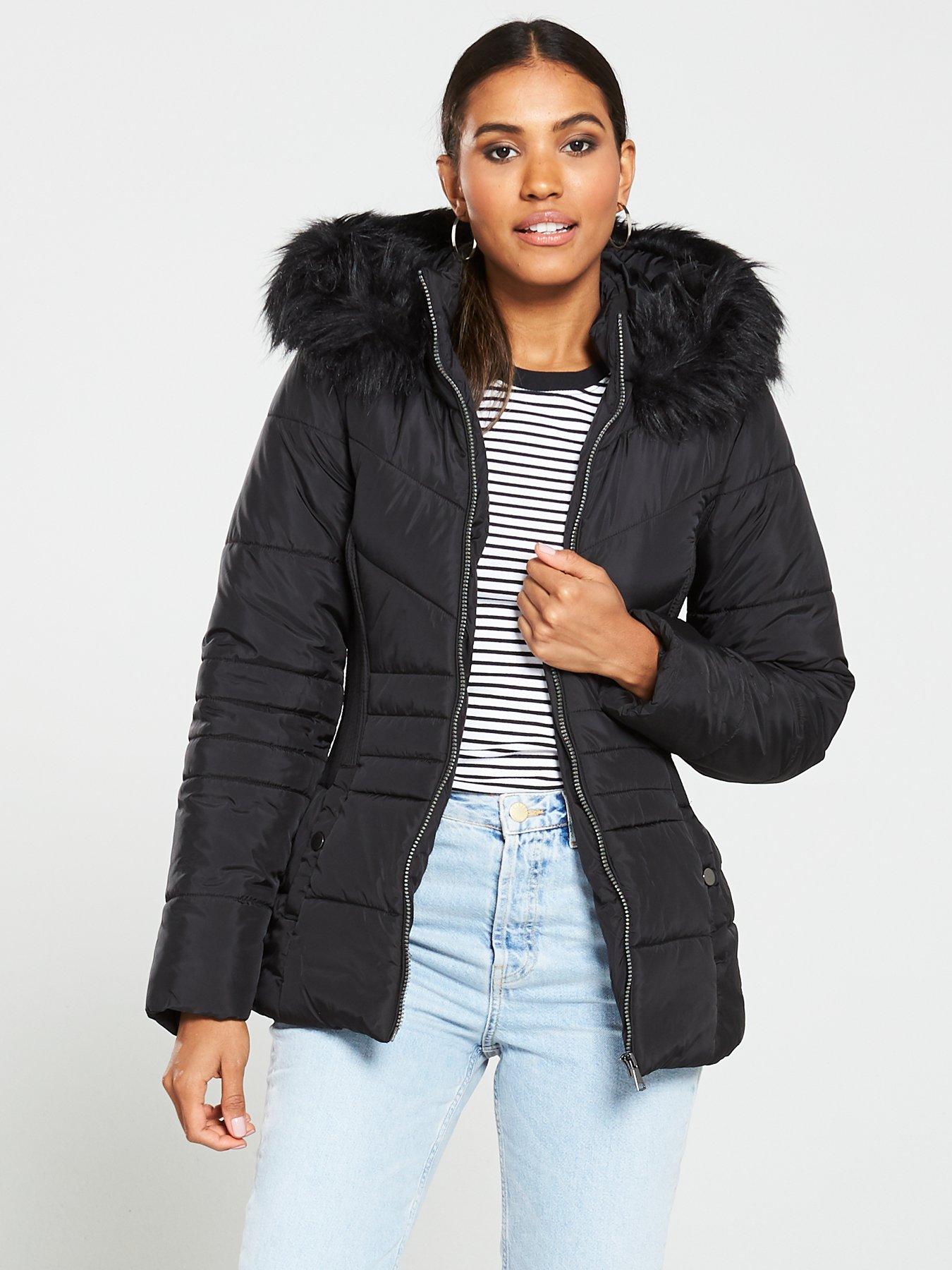 black faux fur padded coat