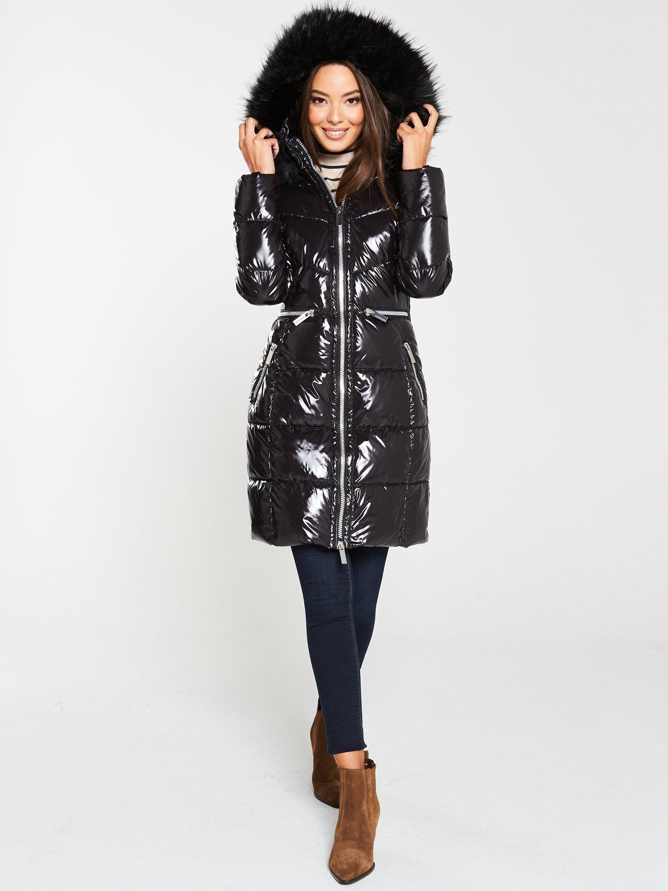 black faux fur high shine puffer jacket