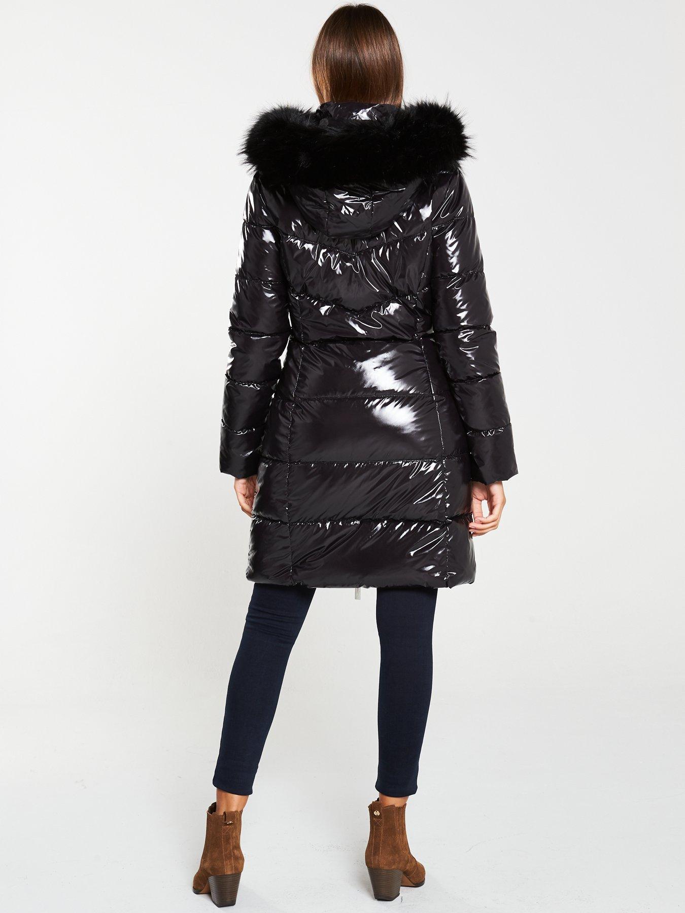 high shine hooded padded coat with faux fur trim