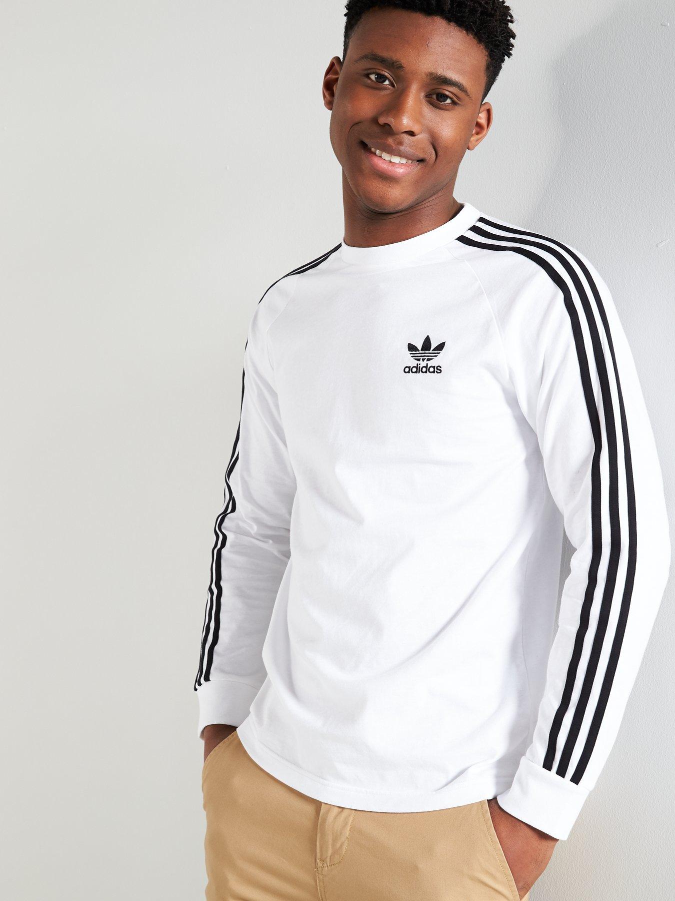 adidas Originals 3 Stripe Long Sleeve T-Shirt - White | very.co.uk